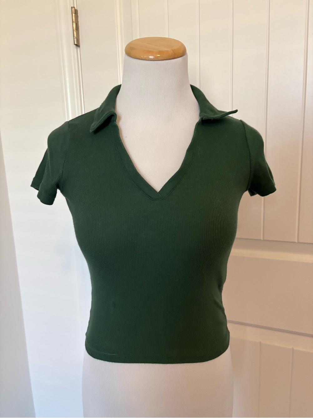 Hollister Dark Forrest Green Ribbed V-Neck Crop Polo Cotton Size XXS
